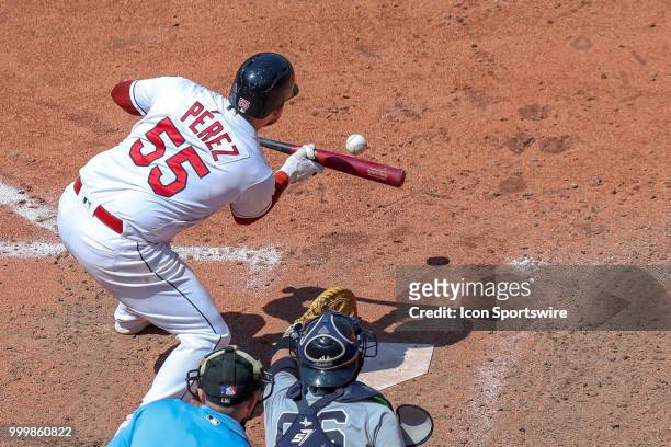 Cleveland Indians catcher Roberto Perez bunts during the seventh inning of the Major League Baseball game between the New York Yankees and Cleveland...