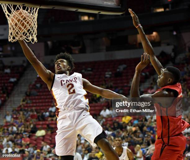 Collin Sexton of the Cleveland Cavaliers drives to the basket against Chris Boucher of the Toronto Raptors during a quarterfinal game of the 2018 NBA...