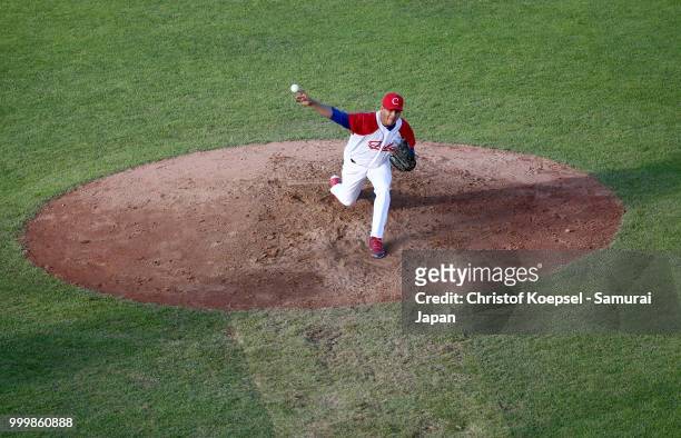 Yosvani Torres Gomez of Cuba pitches in the second inning during the Haarlem Baseball Week game between Cuba and Japan at Pim Mulier Stadion on July...