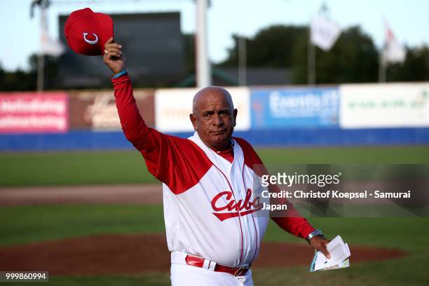 Manager Victor Figueroa Figueroa of Cuba welcomes the audience during the Haarlem Baseball Week game between Cuba and Japan at Pim Mulier Stadion on...