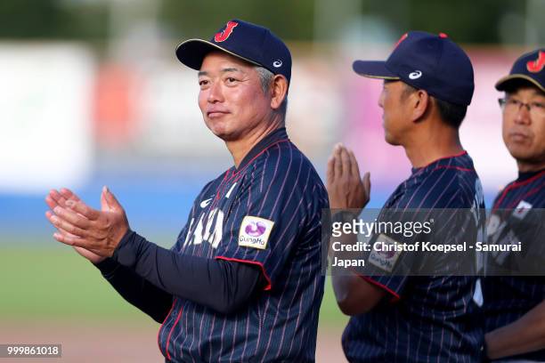 Manager Tsutomu Ikuta of Japan applauds prior to the Haarlem Baseball Week game between Cuba and Japan at Pim Mulier Stadion on July 15, 2018 in...