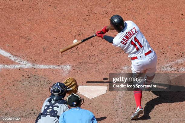 Cleveland Indians third baseman Jose Ramirez singles to center during the eighth inning of the Major League Baseball game between the New York...