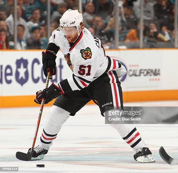 Brian Campbell of the Chicago Blackhawks moves the puck in the neutral zone in Game One of the Western Conference Finals during the 2010 NHL Stanley...