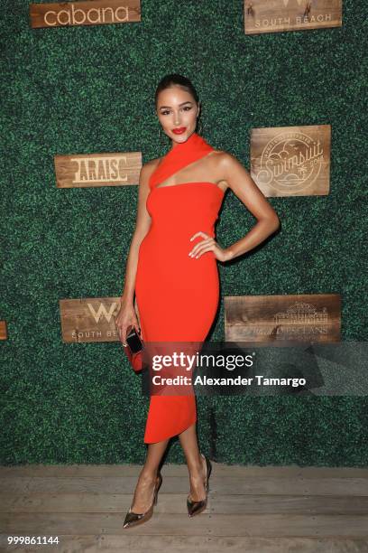 Olivia Culpo attends the 2018 Sports Illustrated Swimsuit show at PARAISO during Miami Swim Week at The W Hotel South Beach on July 15, 2018 in...