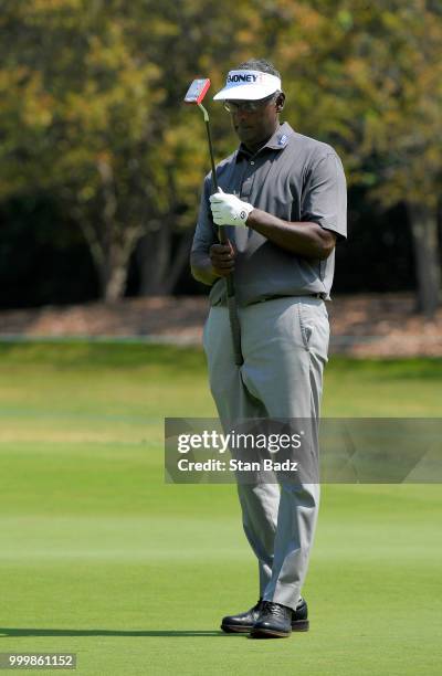 Vijay Singh lines his putt on the third hole during the final round of the PGA TOUR Champions Constellation SENIOR PLAYERS Championship at Exmoor...