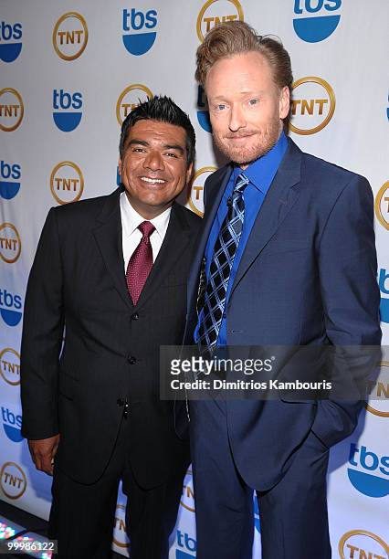 Personalities George Lopez and Conan O'Brien attend the TEN Upfront presentation at Hammerstein Ballroom on May 19, 2010 in New York City....