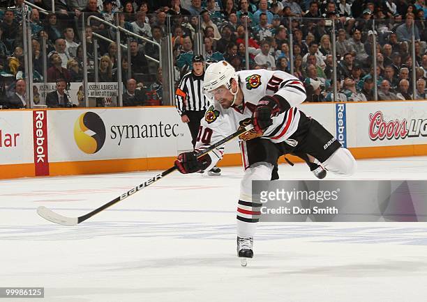 Patrick Sharp of the Chicago Blackhawks shoots from the point in Game One of the Western Conference Finals during the 2010 NHL Stanley Cup Playoffs...