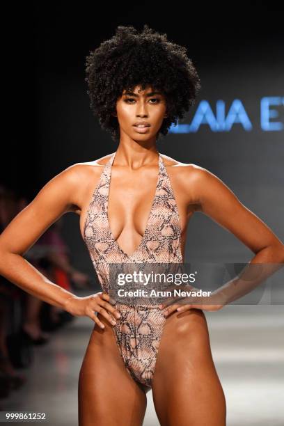 Model walks the runway for Alaia Eve at Miami Swim Week powered by Art Hearts Fashion Swim/Resort 2018/19 at Faena Forum on July 15, 2018 in Miami...