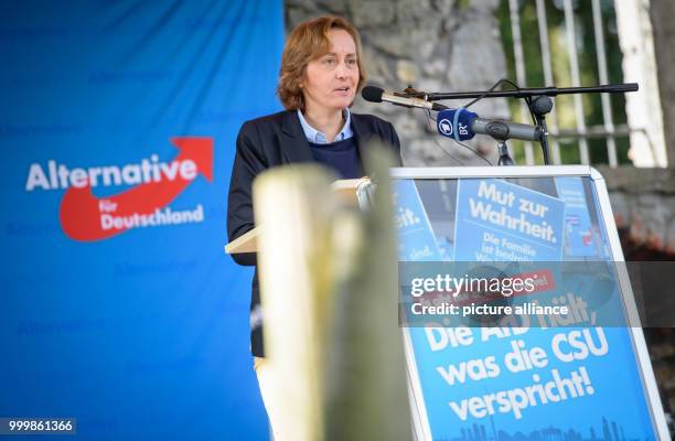 Beatrix von Storch, deputy chairwoman of the AfD party, speaks at the political 'pre-lunch drink' at the folk festival Gillamoos in Abensberg,...