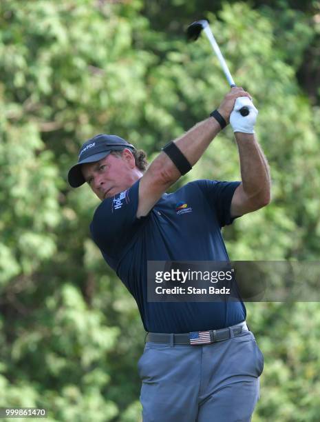 Scott McCarron plays a tee shot on the ninth hole during the final round of the PGA TOUR Champions Constellation SENIOR PLAYERS Championship at...