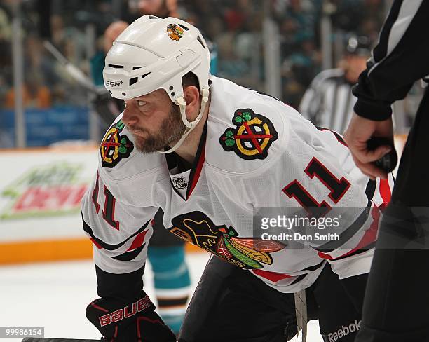 John Madden of the Chicago Blackhawks waits for a faceoff in Game One of the Western Conference Finals during the 2010 NHL Stanley Cup Playoffs...