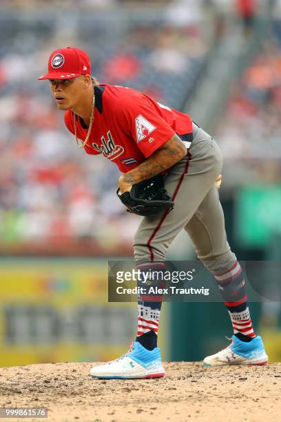 Yoan Lopez of the World Team pitches during the SiriusXM All-Star Futures Game at Nationals Park on Sunday, July 15, 2018 in Washington, D.C.