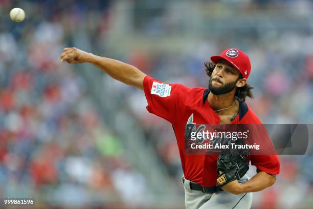 Kieran Lovegrove of the World Team pitches during the SiriusXM All-Star Futures Game at Nationals Park on Sunday, July 15, 2018 in Washington, D.C.