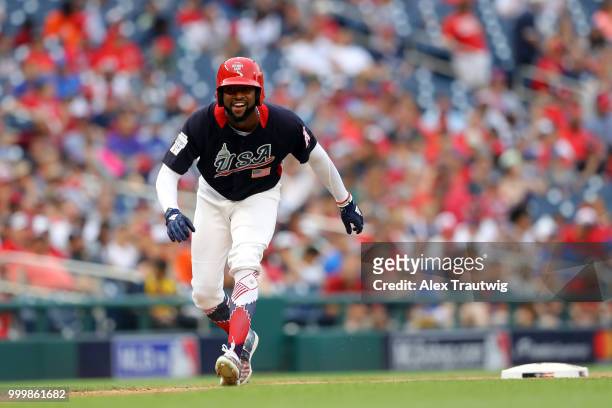 Jo Adell of Team USA leads off third base during the SiriusXM All-Star Futures Game at Nationals Park on Sunday, July 15, 2018 in Washington, D.C.