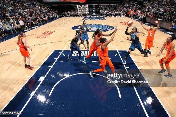 Maya Moore of the Minnesota Lynx shoots the ball against the Connecticut Sun on July 15, 2018 at Target Center in Minneapolis, Minnesota. NOTE TO...