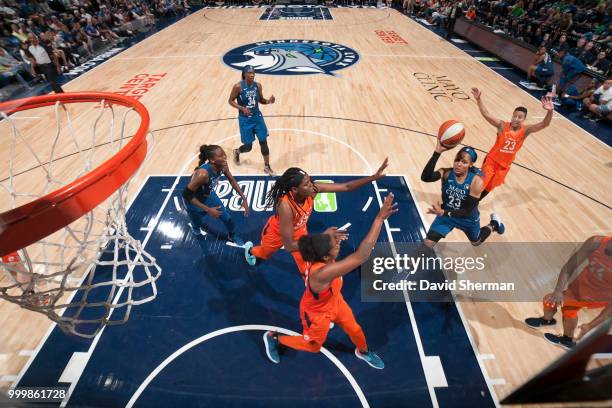 Maya Moore of the Minnesota Lynx shoots the ball against the Connecticut Sun on July 15, 2018 at Target Center in Minneapolis, Minnesota. NOTE TO...