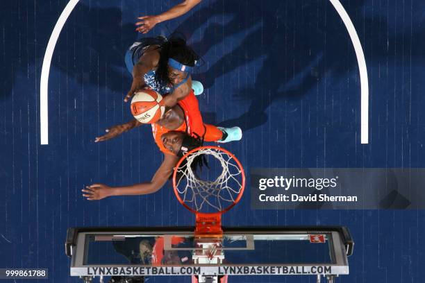 Sylvia Fowles of the Minnesota Lynx shoots the ball against the Connecticut Sun on July 15, 2018 at Target Center in Minneapolis, Minnesota. NOTE TO...