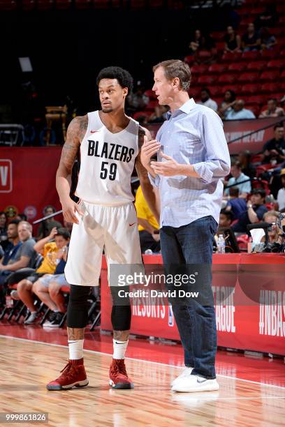 McDaniels and Head Coach Terry Stotts of the Portland Trail Blazers speak during the game against the Boston Celtics during the 2018 Las Vegas Summer...