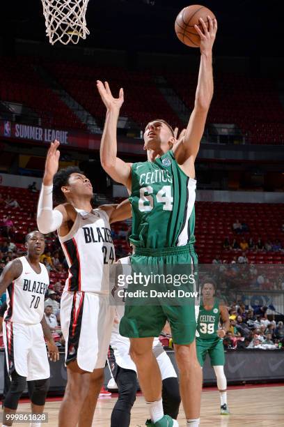 Jarrod Uthoff of the Boston Celtics goes to the basket against the Portland Trail Blazers during the 2018 Las Vegas Summer League on July 15, 2018 at...