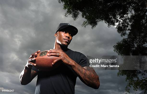 Wide receiver Brandon Marshall of the Miami Dolphins poses for a portrait on May 17, 2010 in Weston, Florida.