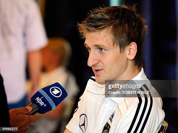 Germany's midfielder Marko Marin gives an interview during a so-called media day at the Verdura Golf and Spa resort, near Sciacca May 19, 2010. The...