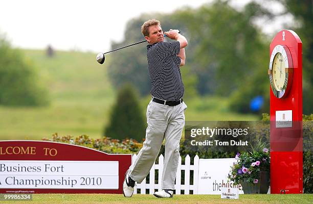 Jon Langmead of Exminster Golf Centre tees off from the 1st hole during the Business Fort plc English PGA Championship Regional Qualifier at...