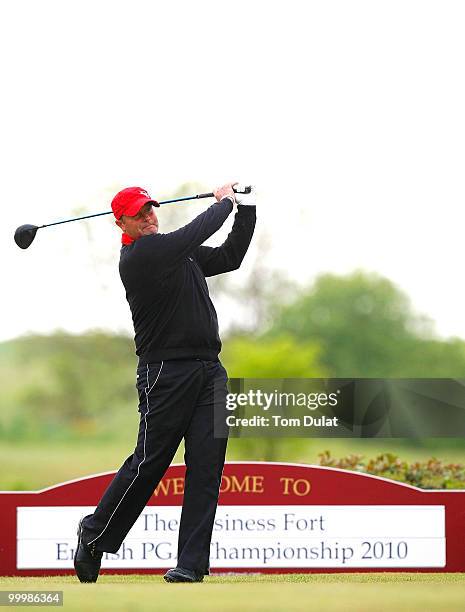 Stephen Thorne of Canford Magna tees off from the 1st hole during the Business Fort plc English PGA Championship Regional Qualifier at Cumberwell...