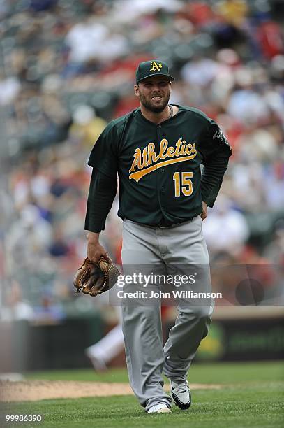 Pitcher Ben Sheets of the Oakland Athletics looks toward the dugout as he walks off the field after the third out of the inning during the game...