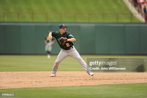 Shortstop Cliff Pennington of the Oakland Athletics fields his position as he during the game against the Texas Rangers at Rangers Ballpark in...