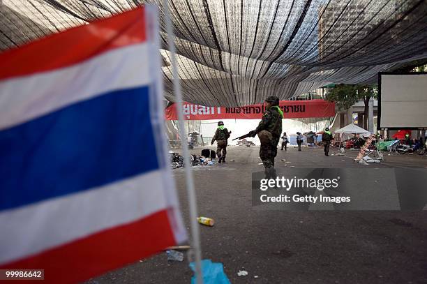 Thai soldiers check the main rally site of the anti-government red shirt protesters on May 19, 2010 in Bangkok, Thailand. At least 5 people are...