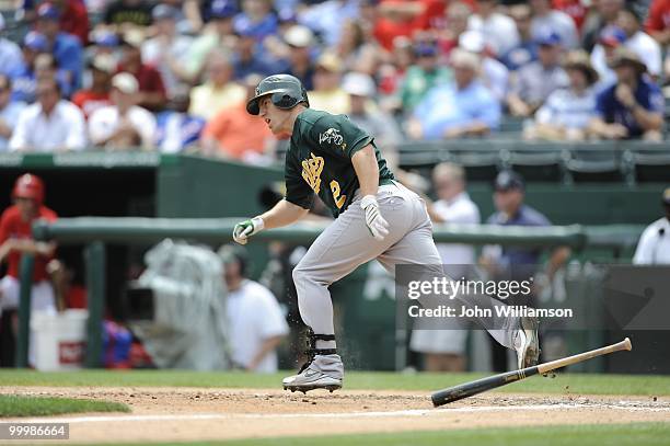 Cliff Pennington of the Oakland Athletics bats and runs to first base from the batter's box during the game against the Texas Rangers at Rangers...