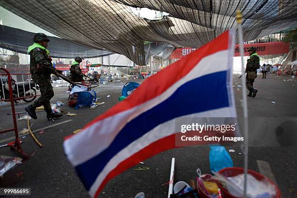 Thai soldiers check the main rally site of the anti-government red shirt protesters on May 19, 2010 in Bangkok, Thailand. At least 5 people are...