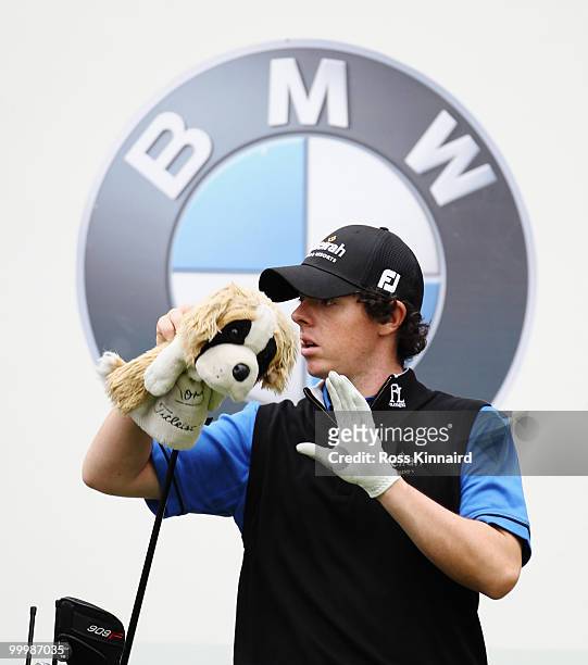 Rory McIlroy of Northern Ireland prepares to play a tee shot during the Pro-Am round prior to the BMW PGA Championship on the West Course at...