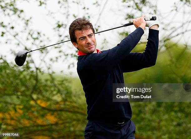 Lee Thompson of Dudsbury tees off from the 17th hole during the Business Fort plc English PGA Championship Regional Qualifier at Cumberwell Park Golf...