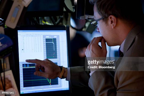 Trader works on the floor of the New York Stock Exchange in New York, U.S., on Wednesday, May 19, 2010. U.S. Stocks fluctuated as the euro rebounded...