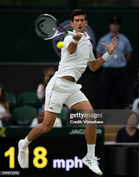 Novak Djokovic of Serbia during his semi-final match against Rafael Nadal of Spain on day eleven of the Wimbledon Lawn Tennis Championships at the...