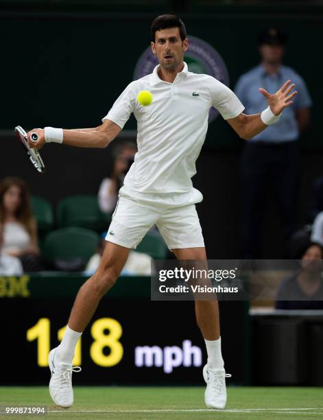 Novak Djokovic of Serbia during his semi-final match against Rafael Nadal of Spain on day eleven of the Wimbledon Lawn Tennis Championships at the...