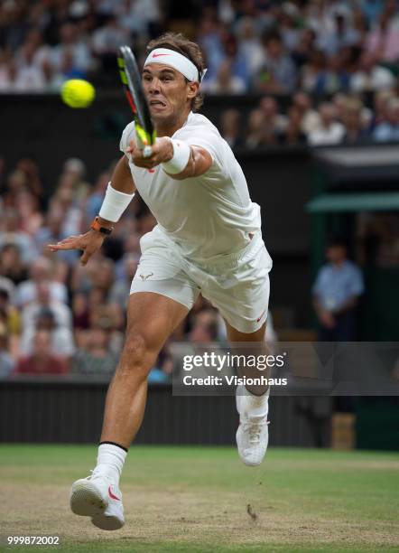 Rafael Nadal of Spain during his semi-final match against Novak Djokovic of Serbia on day eleven of the Wimbledon Lawn Tennis Championships at the...