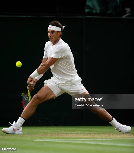 Rafael Nadal of Spain during his semi-final match against Novak Djokovic of Serbia on day eleven of the Wimbledon Lawn Tennis Championships at the...