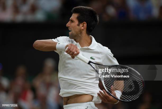 Novak Djokovic of Serbia during his semi-final match against Rafael Nadal of Spain on day eleven of the Wimbledon Lawn Tennis Championships at the...