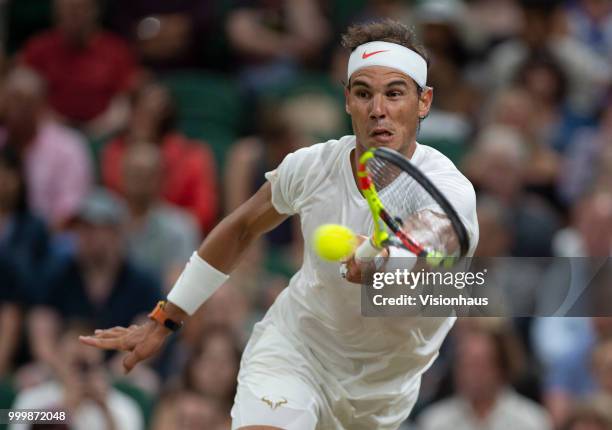 Rafael Nadal of Spain during his semi-final match against Novak Djokovic of Serbia on day eleven of the Wimbledon Lawn Tennis Championships at the...