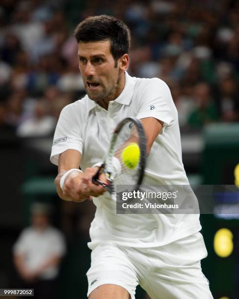 Novak Djokovic of Serbia during his semi-final match against Rafael Nadal of Spain on day eleven of the Wimbledon Lawn Tennis Championships at the...