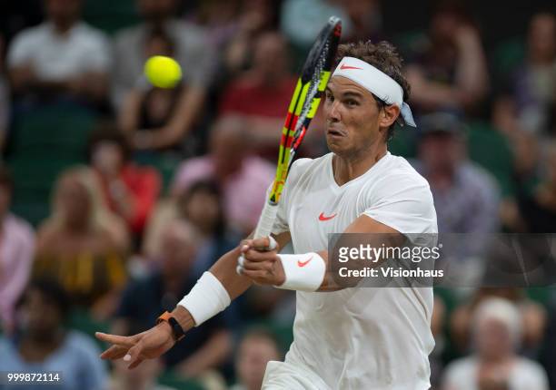 Rafael Nadal of Spain during his semi-final match against Novak Djokovic of Serbia on day eleven of the Wimbledon Lawn Tennis Championships at the...