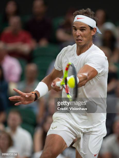 Rafael Nadal of Spain during his semi-final match against Novak Djokovic of Serbia on day eleven of the Wimbledon Lawn Tennis Championships at the...