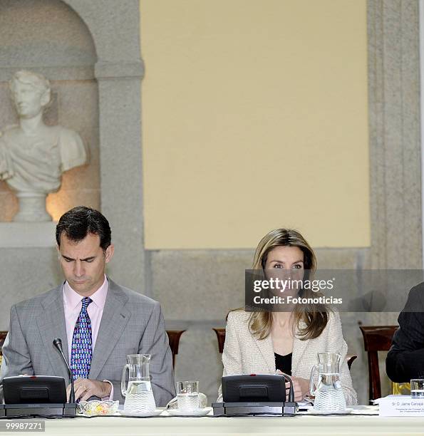 Prince Felipe of Spain and Princess Letizia of Spain receive members of the 'Principe de Girona' foundation, at El Pardo Palace on May 19, 2010 in...