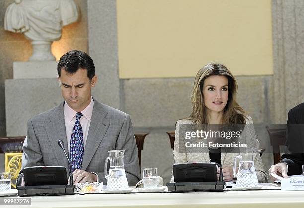 Prince Felipe of Spain and Princess Letizia of Spain receive members of the 'Principe de Girona' foundation, at El Pardo Palace on May 19, 2010 in...