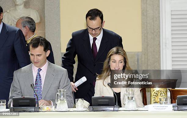 Prince Felipe of Spain and Princess Letizia of Spain receive members of the 'Principe de Girona' foundation, at El Pardo Palace on May 19, 2010 in...