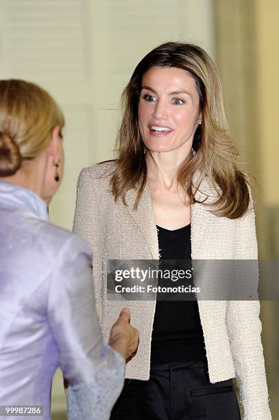 Princess Letizia of Spain receives members of the 'Principe de Girona' foundation, at El Pardo Palace on May 19, 2010 in Madrid, Spain.