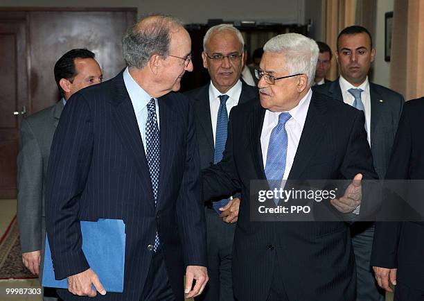 In this handout image from the Palestinian Press Office, Palestinian President Mahmoud Abbas speaks with U.S. Mideast envoy George Mitchell on May...