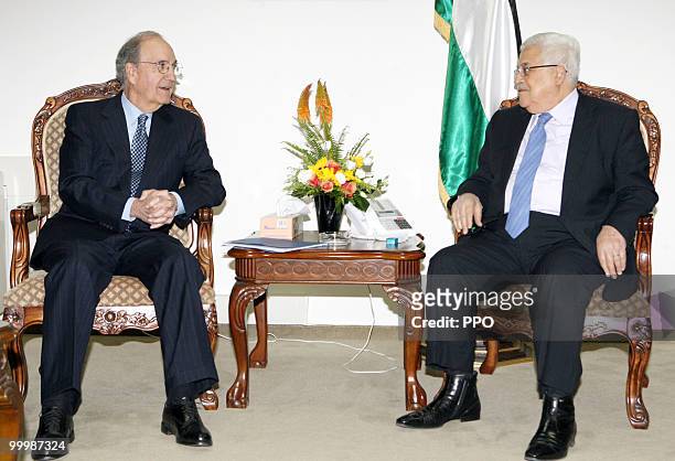In this handout image from the Palestinian Press Office, Palestinian President Mahmoud Abbas speaks with U.S. Mideast envoy George Mitchell on May...